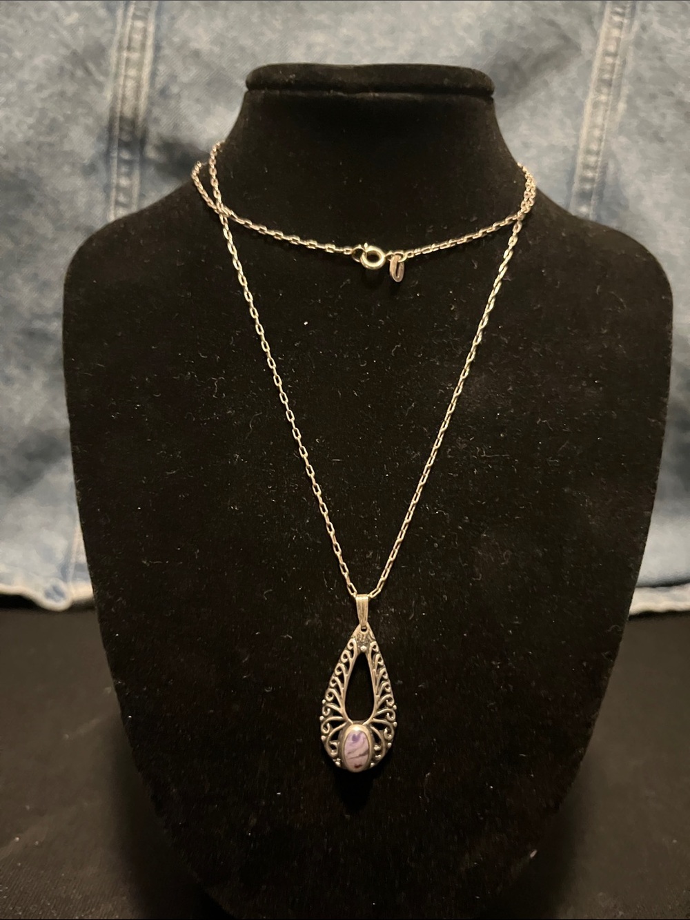 Sterling Silver Signed Filigree Teardrop Necklace with Purple Stone